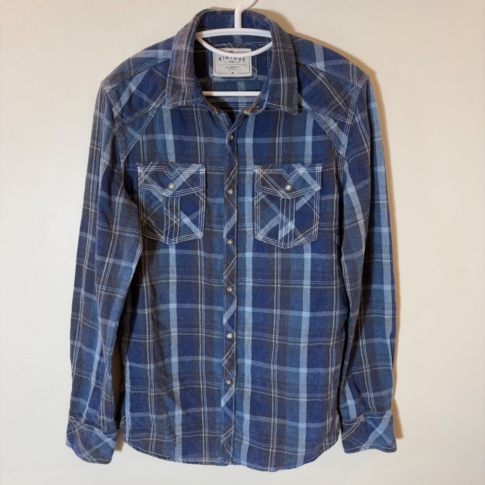 BKE Vintage Western Pearl Snap Plaid Shirt Mens Medium Blue